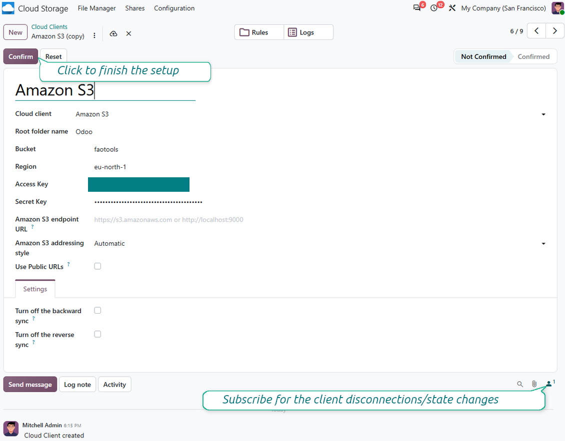 Configure and confirm the Amazon S3 cloud client in Odoo with bucket, region and keys